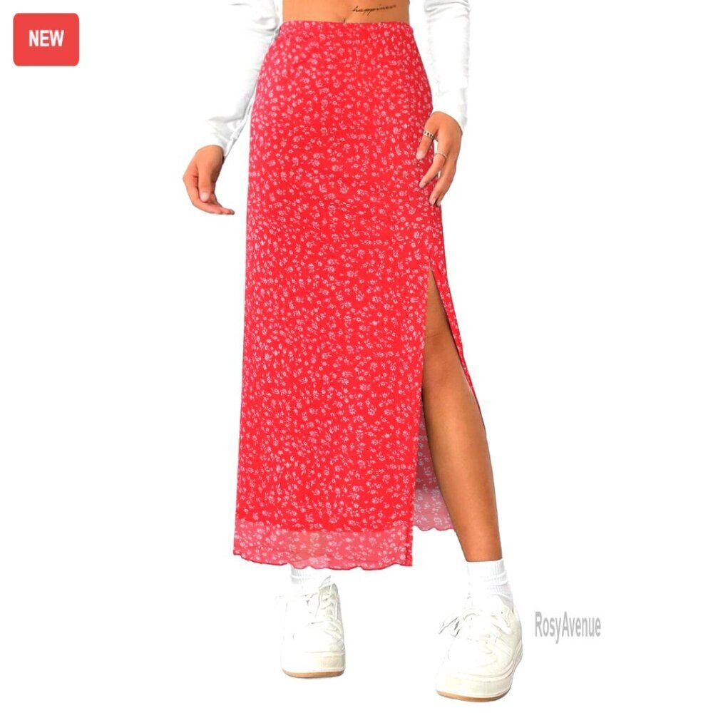 Boho Floral Mesh Slit Maxi Skirt High Waisted Summer Skirt
